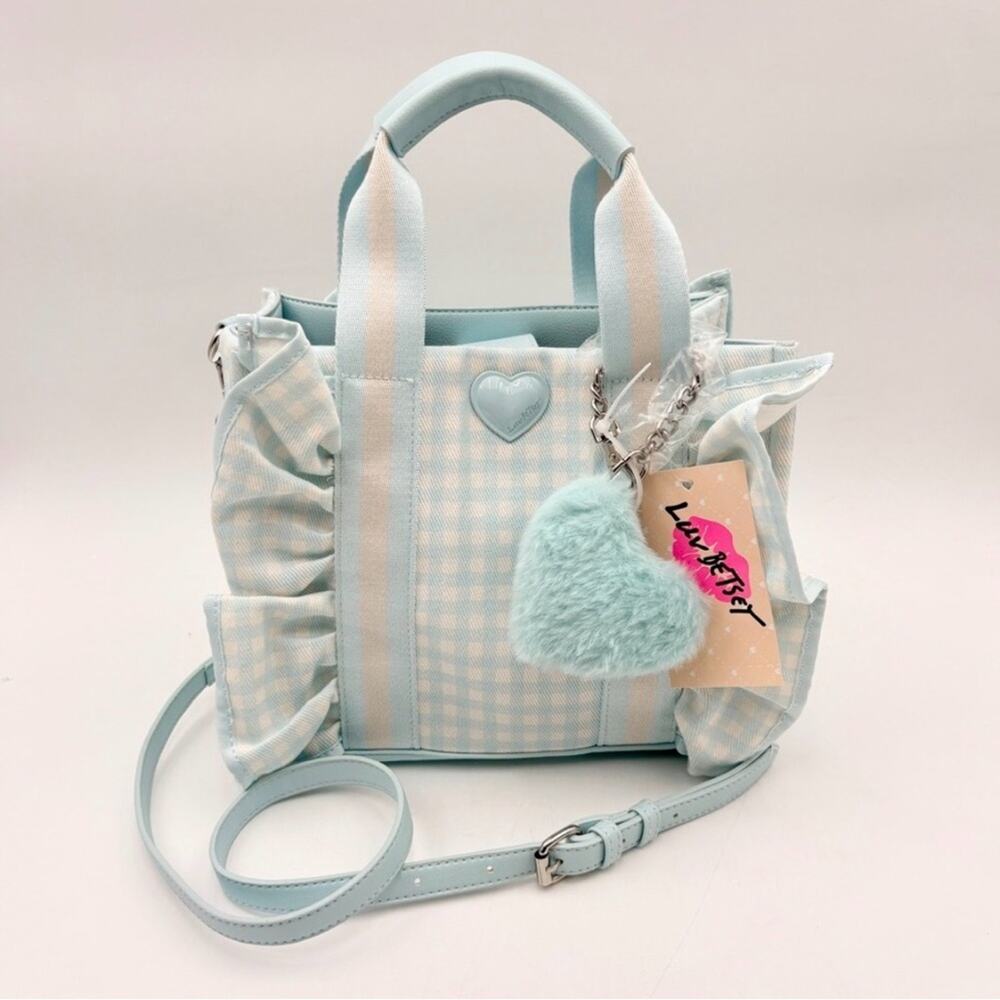NEW LUV BETSEY JOHNSON LIGHT BLUE GINGHAM PRINT RUFFLE BAG FUZZY HEART BAG CHARM